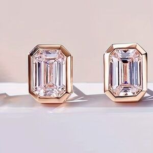 Modern Emerald Cut Diamond Studs • Bezel Set • Rose Gold Finish